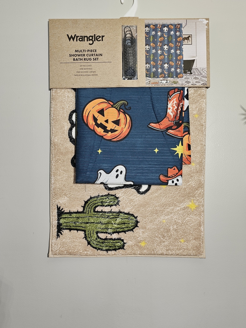Wrangler Halloween Shower Curtain & Bath Rug Set - Navy & Tan